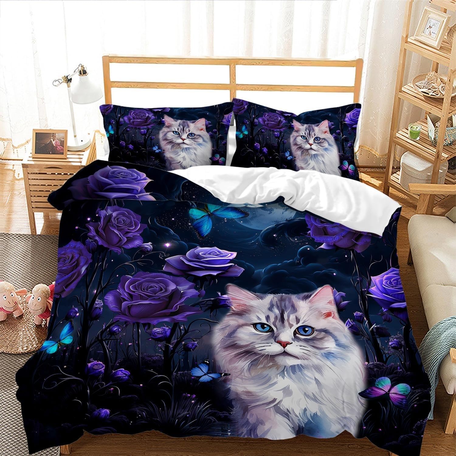 Amazon｜布団カバーダブルベッド紫の花寝具セット 3点猫ダブル掛け布団