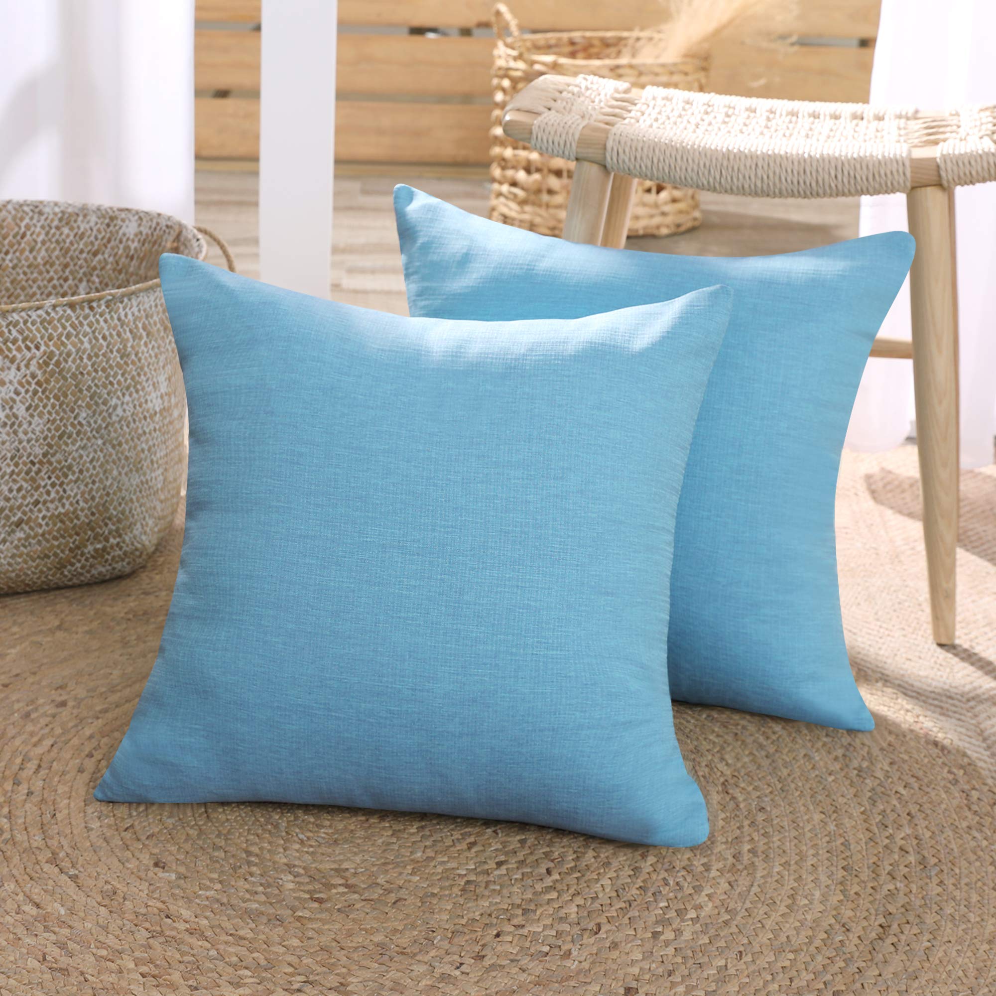 Deconovo Set of 2 Super Soft Faux Linen Square Cushion Covers Throw Pillow Covers Plain Cushion Covers for Bedroom Lake Blue 16"x16"(40cmx40cm)