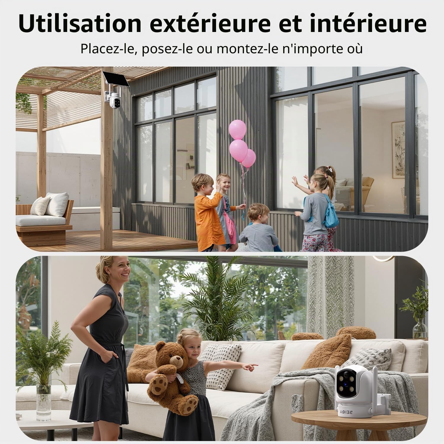 REIGY 4MP Caméra Surveillance WiFi Exterieure sans Fil Solaire, Camera Caméra de Sécurité Interieur avec Panneau Solaire, 360° PTZ, Vision Nocturne, Audio Bidirectionnel, PIR Sirène, 2.4ghz/5ghz