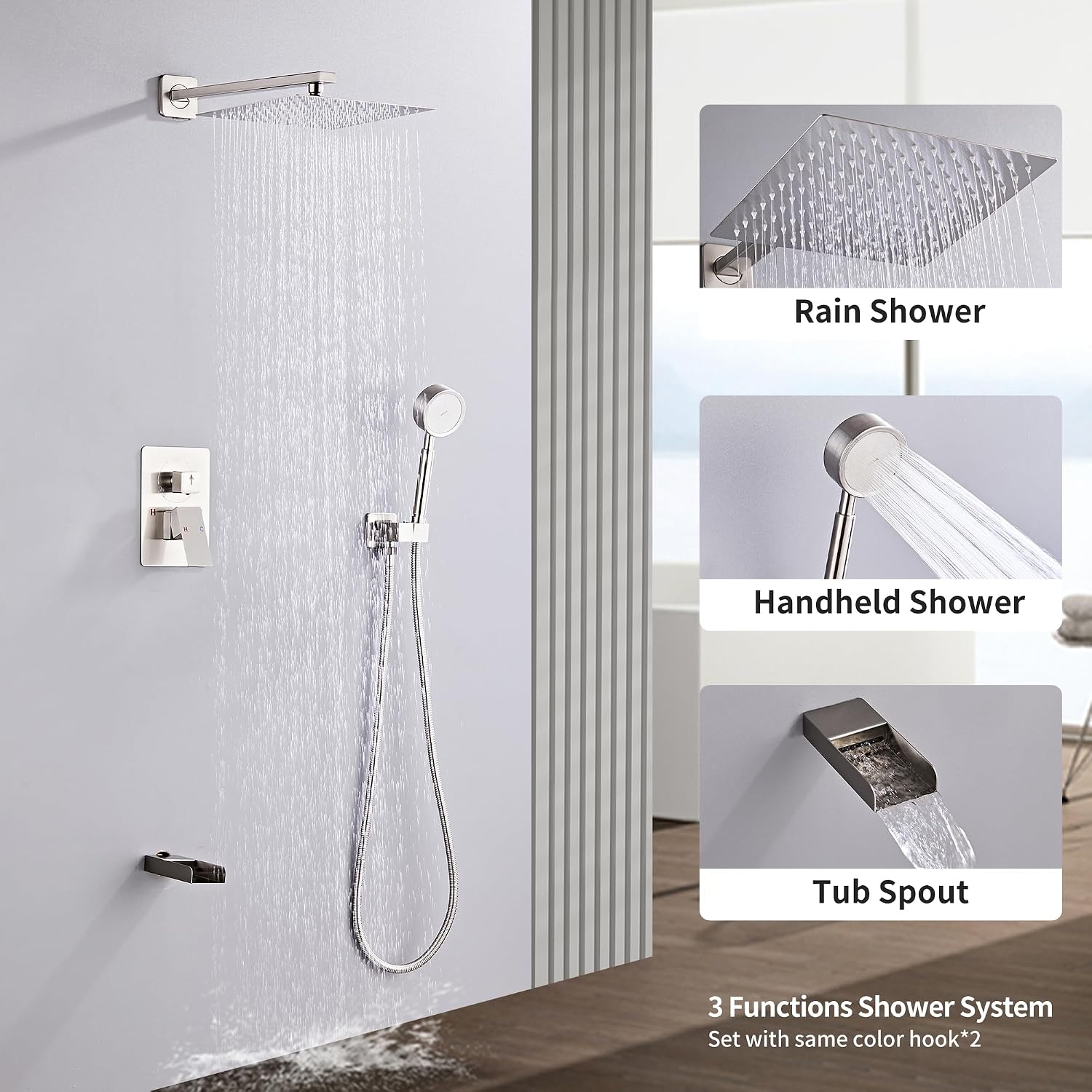 Brushed Nickel Shower Tub Faucet Set, Wall Mounted 10 Inch image 5