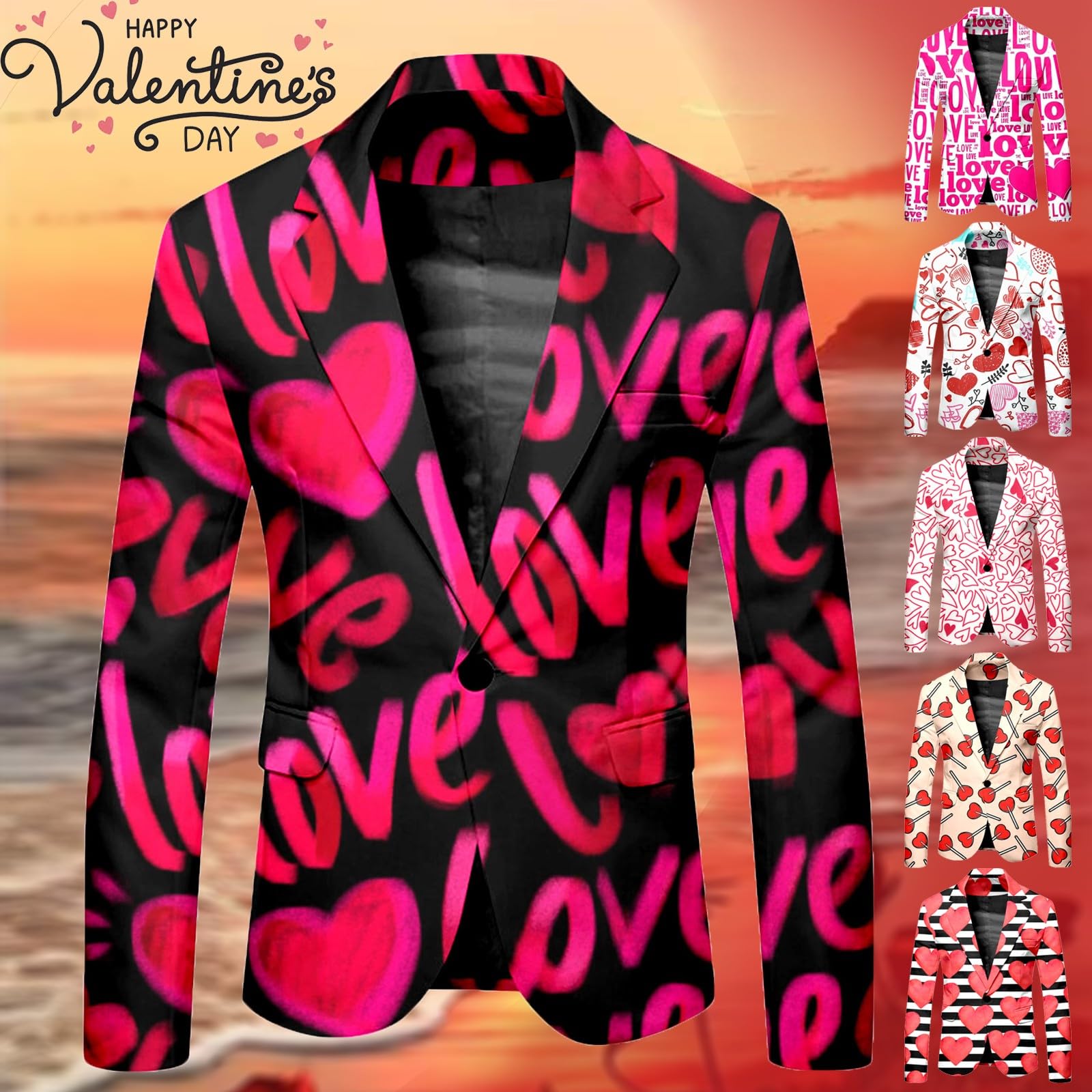 Herren Sakko Valentinstag Love Druck Blazer Slim Fit Anzugjacke Bunt Herz Motiv Party Hochzeit Fasching Kostüm Jacke Elegant Einreiher Freizeit Jackett für Männer