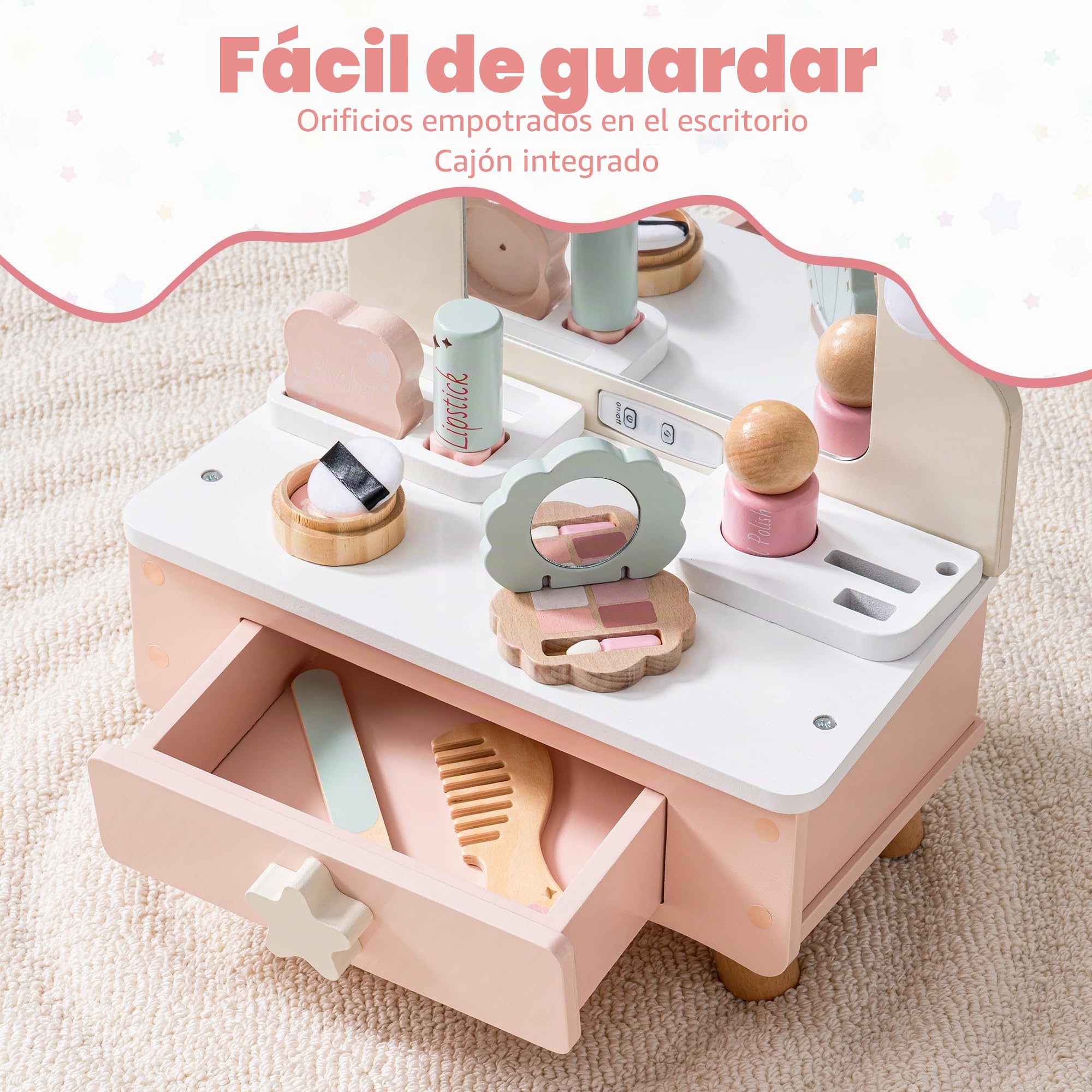 ROBOTIME Juego de maquillaje de madera para niñas, tocador rosa, espejo con luz, cosméticos falsos, juguete de rol
