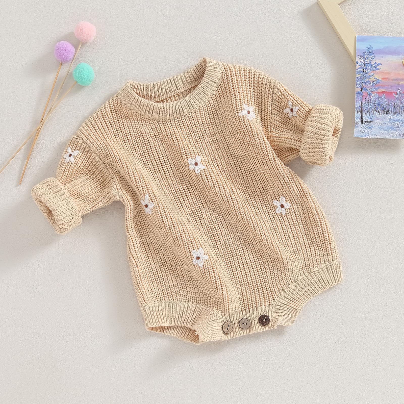 Douhoow Baby Sweater Romper Knit Baby Sweater Infant Girl Boy Sweatshirt Romper Fall Winter Outfits (Apricot-3, 0-3 Months)