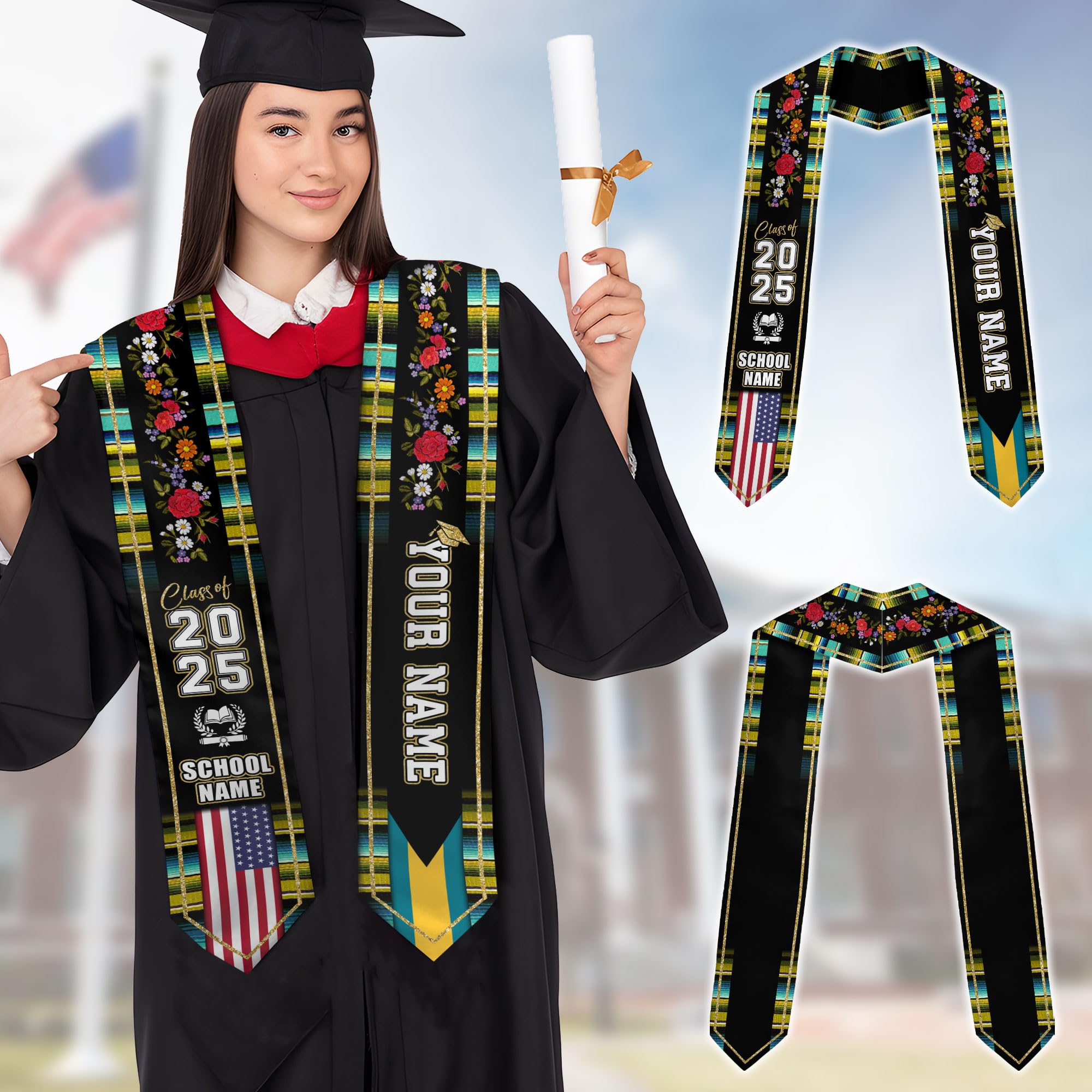 MonkeyVan Personalized Bahamas Graduation Stole, Bahamian Graduation Sash, Bahamas Flag Graduation Stole, Class of 2025 Bhm1