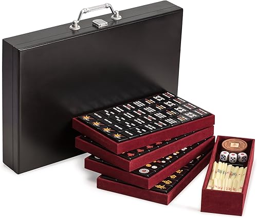 Miniatura 5 de Yellow Mountain Imports Juego chino Mahjong - Juego de chorro - con 148 azulejos negros y caja de madera hilador de madera dados y palos de apuestas