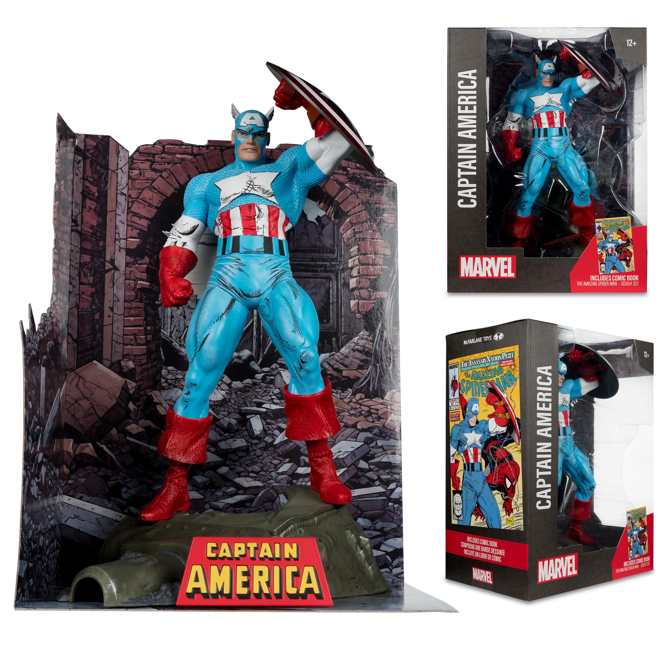 McFarlane Toys - Figura Posada de Marvel Capitán América a Escala 1:6 con Escena y cómic (The Amazing Spider-Man #323) | Figura coleccionable de Marvel de 12 pulgadas, escena posada en venta 1/6 - Capitán América (The Amazing Spider-Man #323)