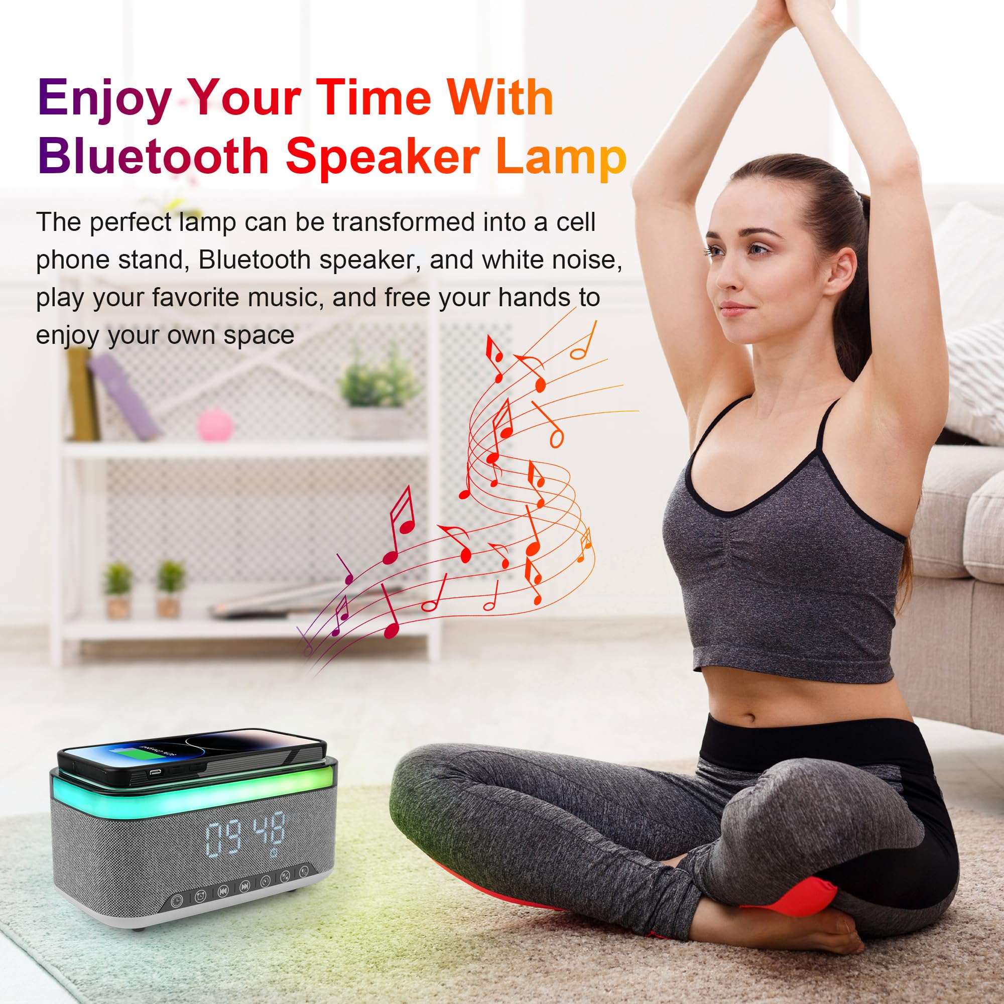 Lampe de charge sans fil, Veilleuse RVB multifonctionnelle, Station de charge sans fil, Haut-parleur Bluetooth, Réveil numérique pour chambre/camping/décor de salon