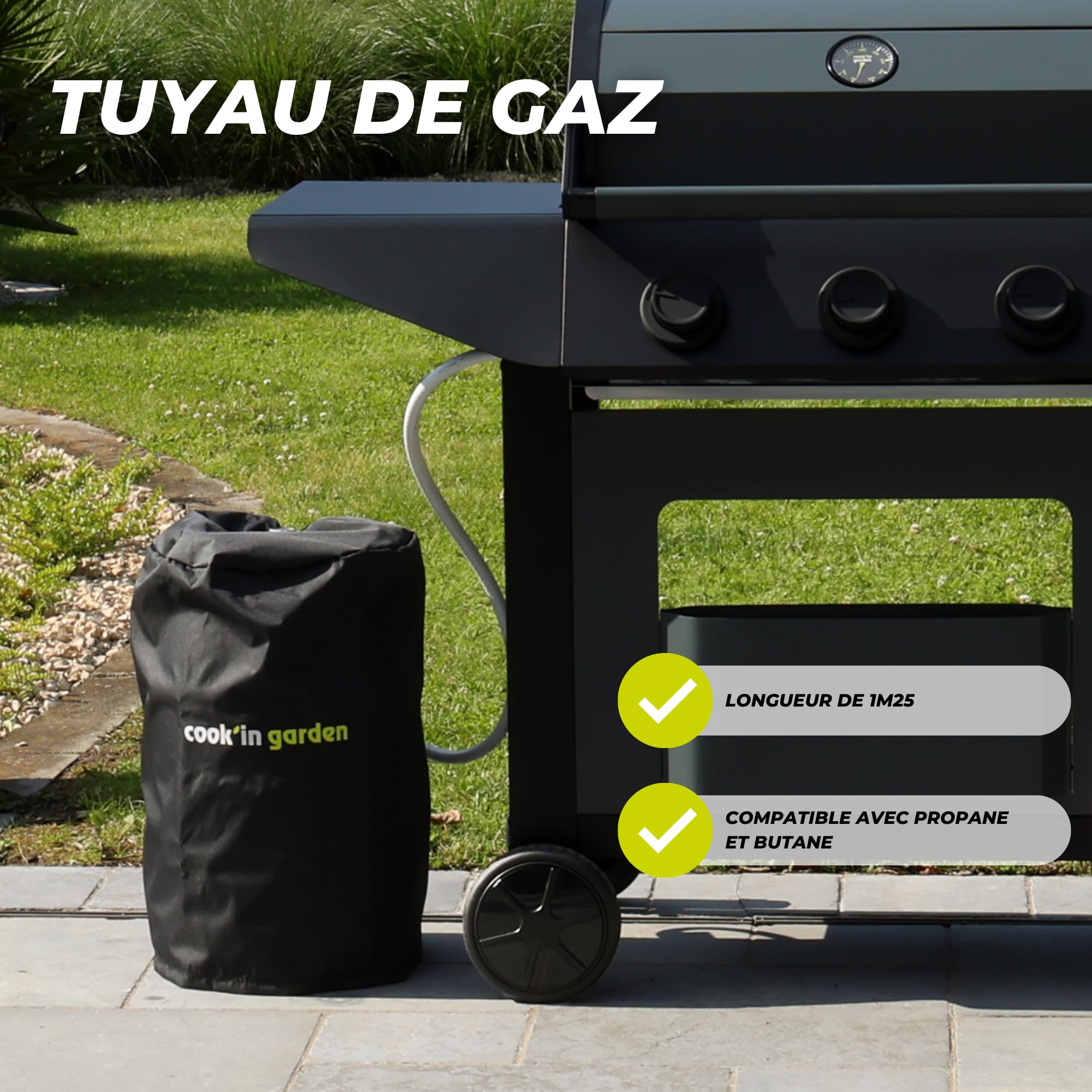 Cook’in Garden - Tuyau Gaz pour Barbecue, Flexible en Caoutchouc 125 x 2 x 2 cm, Compatible Bouteilles Butane et Propane, Raccordement à Visser Sécurisé, Accessoire pour Cuisson Extérieure Jardin