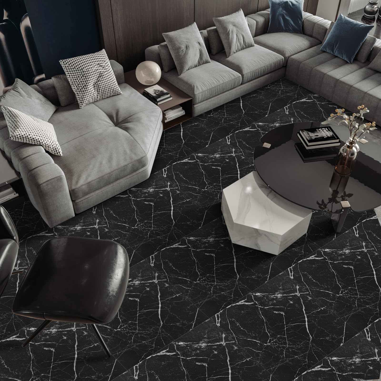 CYEER 40 Stück Vinylboden Selbstklebend (3,6m²) – 30x30cm PVC Bodenfliesen in Marmor-Optik Schwarz – Wasserfester Bodenbelag für Küche, Bad & Wohnzimmer – DIY Klebefliesen für schnelle Renovierung
