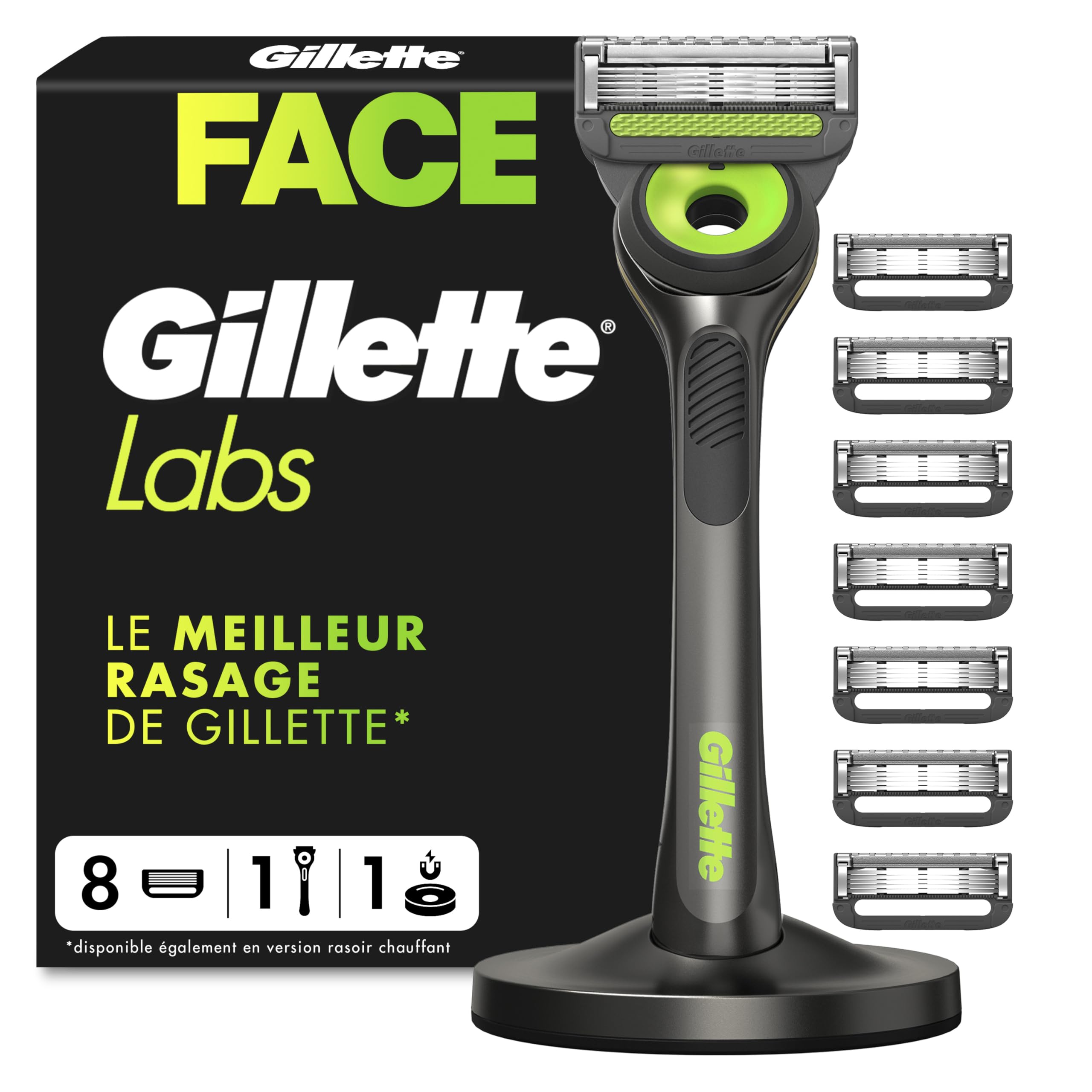 Gillette Labs Rasoir Homme, avec 8 Recharges, Noir – Manche Réutilisable en Métal, Cartouche de Rechange à Lames Affutées, Tête Flexible, Rasage Efficace avec la Technologie FlexDisc 2D