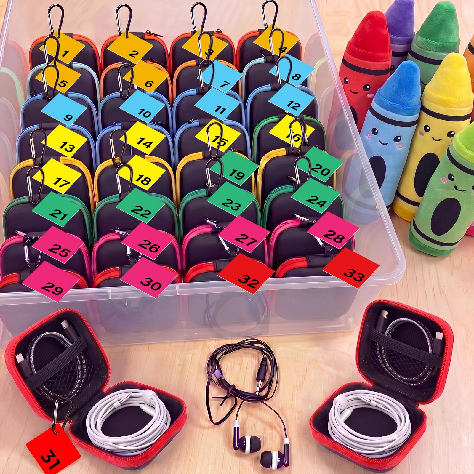Kingdder 36 fundas para auriculares de regreso a clases con tarjetas de números coloridos, organizador de accesorios, soporte de auriculares de etilvinilacetato para escuela, aula, profesores