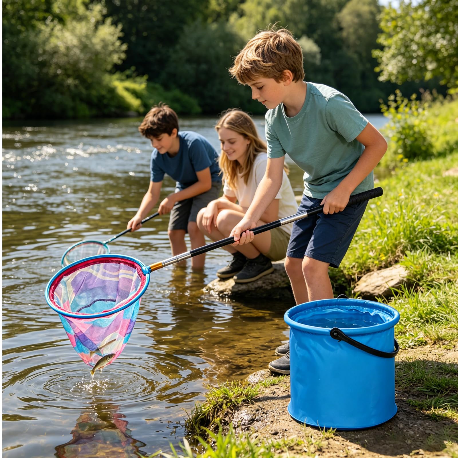 3 retini telescopici per bambini, 41,5-148 cm, con 3 secchi pieghevoli, retino da pesca telescopico a farfalla, retino da pesca per insetti, piccoli pesci, spiaggia