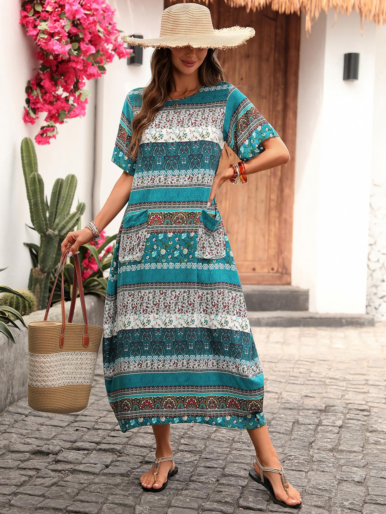 ZANZEA Donna Estivo Vestito Cotone Lino Abito Manica Corta Camicia Abiti Casual Midi Tinta Unita Vestiti Gonfio Dress con Tasche