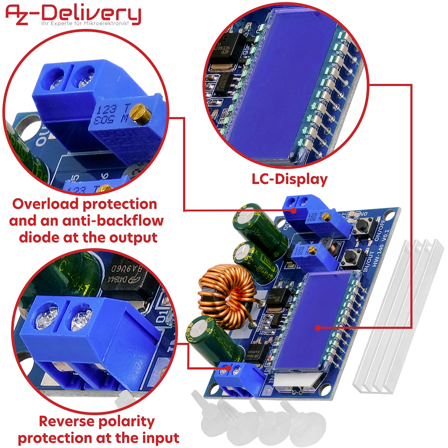 AZDelivery HW-140 Konwerter DC-DC Buck Boost Automatyczny step up/down, woltomierz i amperomierz wyświetlacz LCD, konwerter napięcia 3A 5,5V-30V do 0,5V-30V kompatybilny z Arduino w tym E-book!