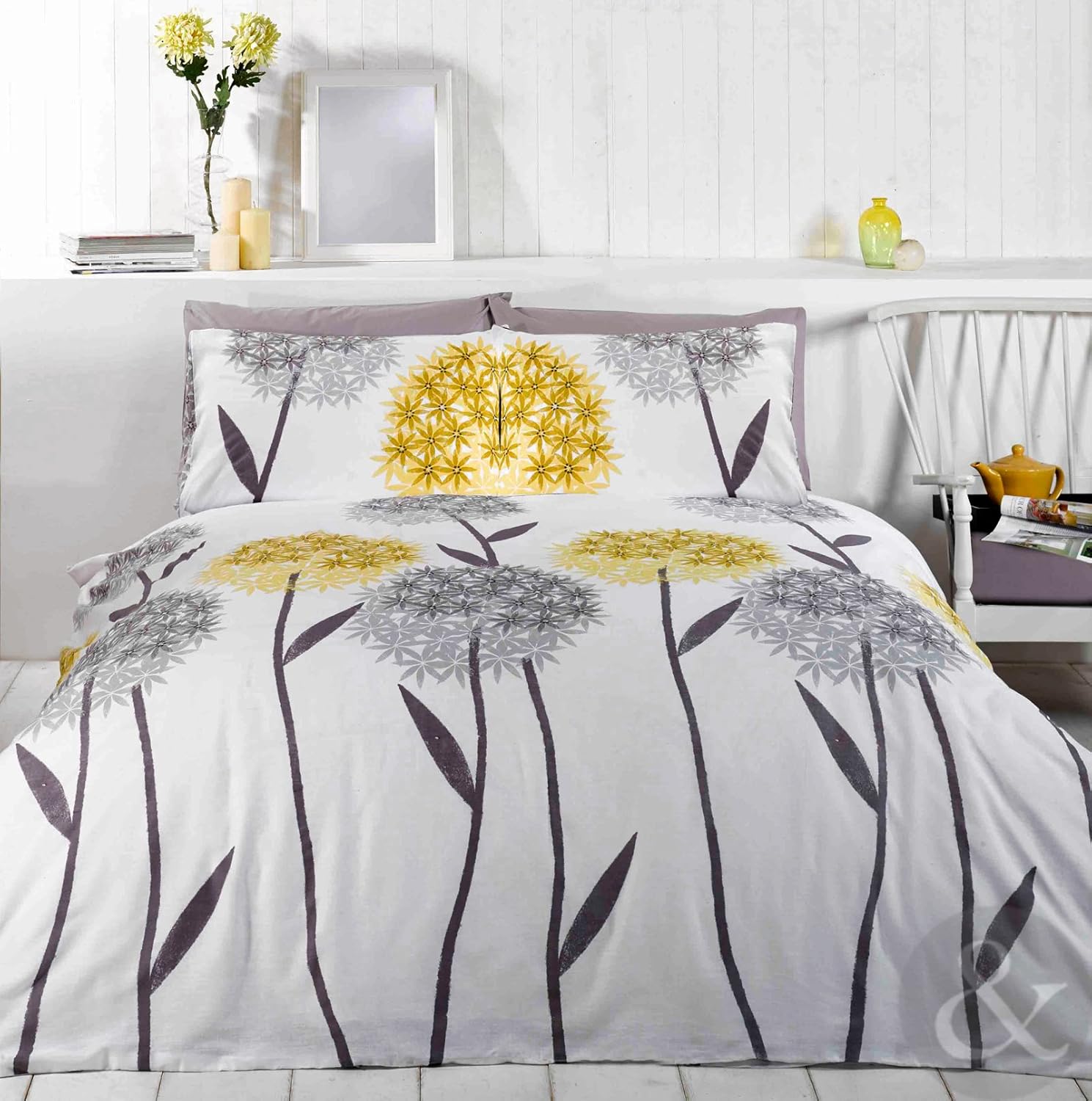 ALLIUM FLORAL DUVET COVER Contemporary Printed White Yellow & Grey