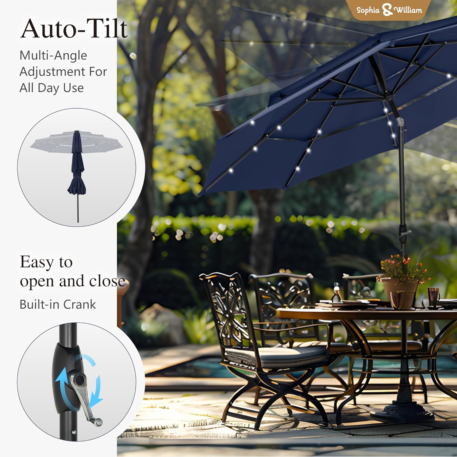 Sophia & William 10ft Patio Umbrellas 3-Tier Umbrella Outdoor Patio Umbrellas with Lights Vented Top 24 LED lights Adjustable Tilt for Pool Garden Backyard, Navy