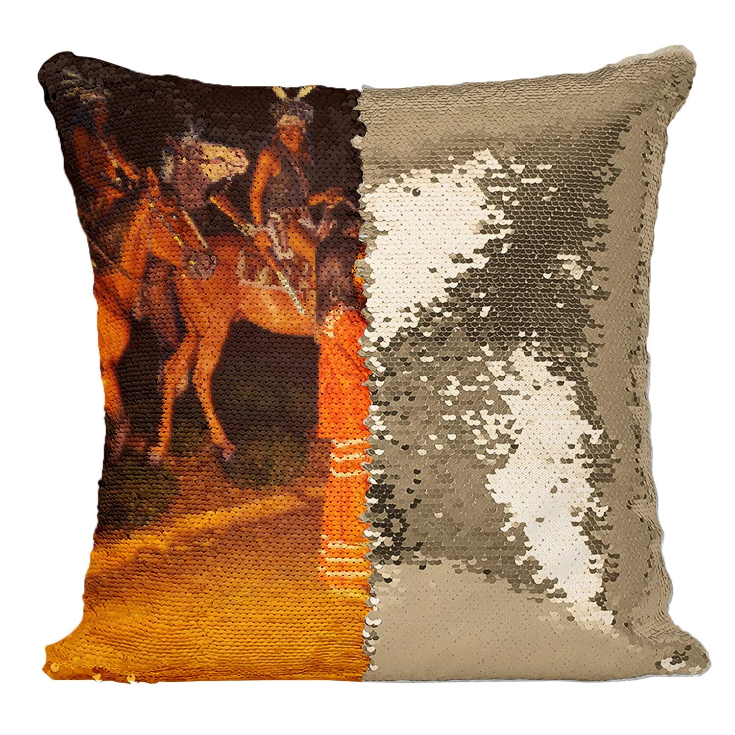 Coussin Housse Sequin Paillettes Doré Indiens d'Ameriques