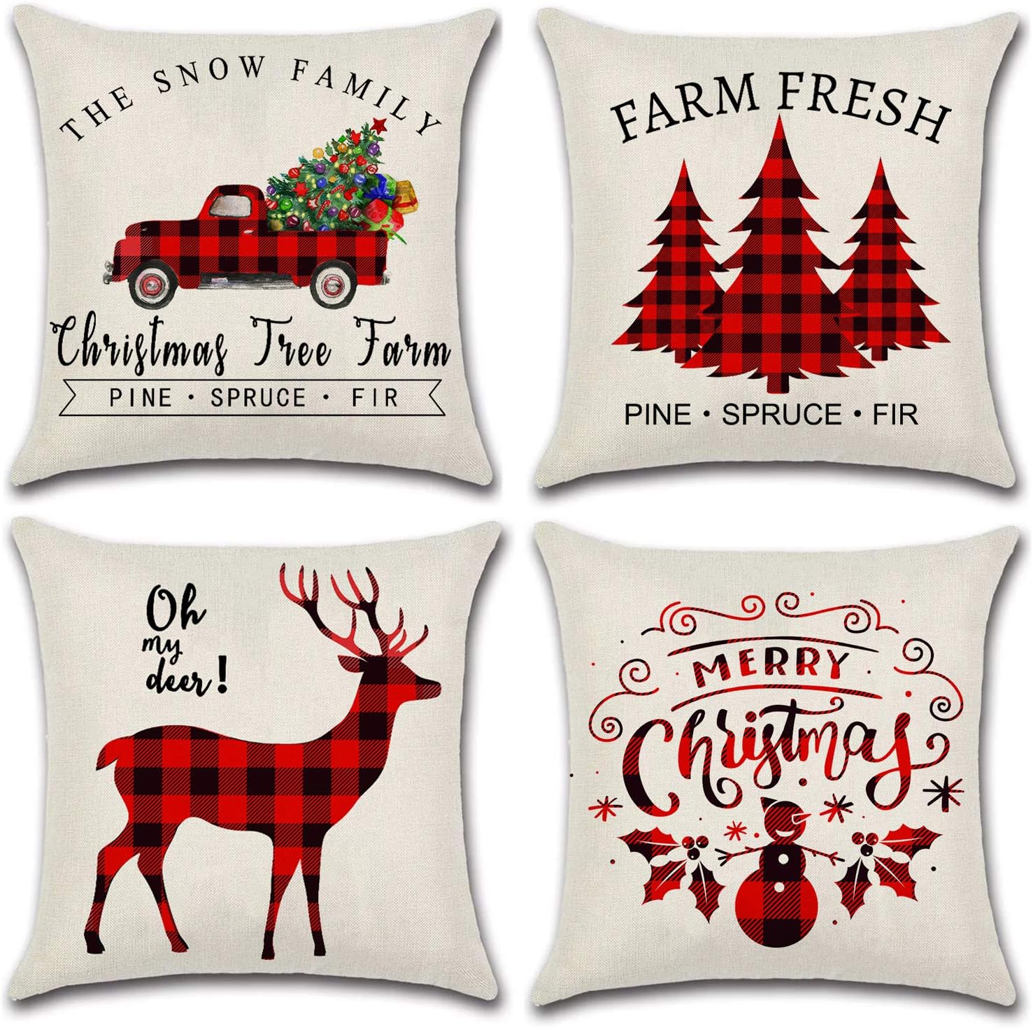 JOJUSIS Christmas Throw Pillow Covers for Home Decor Christmas Tree Dear Car Buffalo Check Black and Red Set of 4 18 x 18 Inch