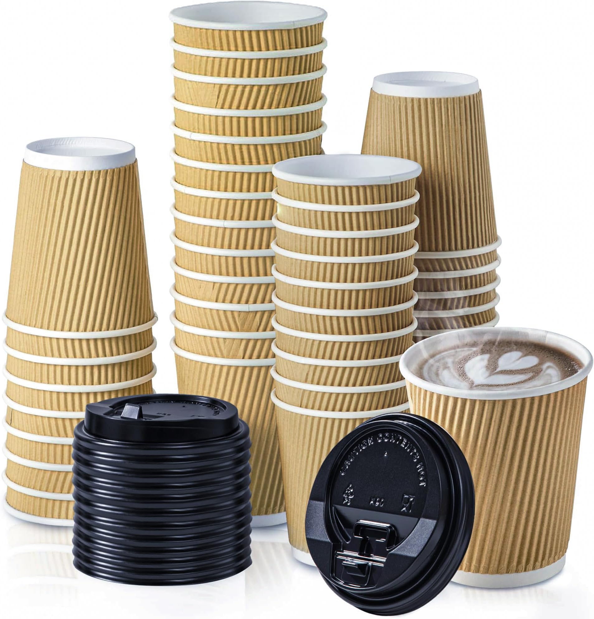 50 Pack 8 oz Insulated Ripple Triple Wall Paper Coffee Cups with Black Lids, Premium Disposable, Brown To Go Anti Slip for Hot Beverage, Christmas, Travel, Office