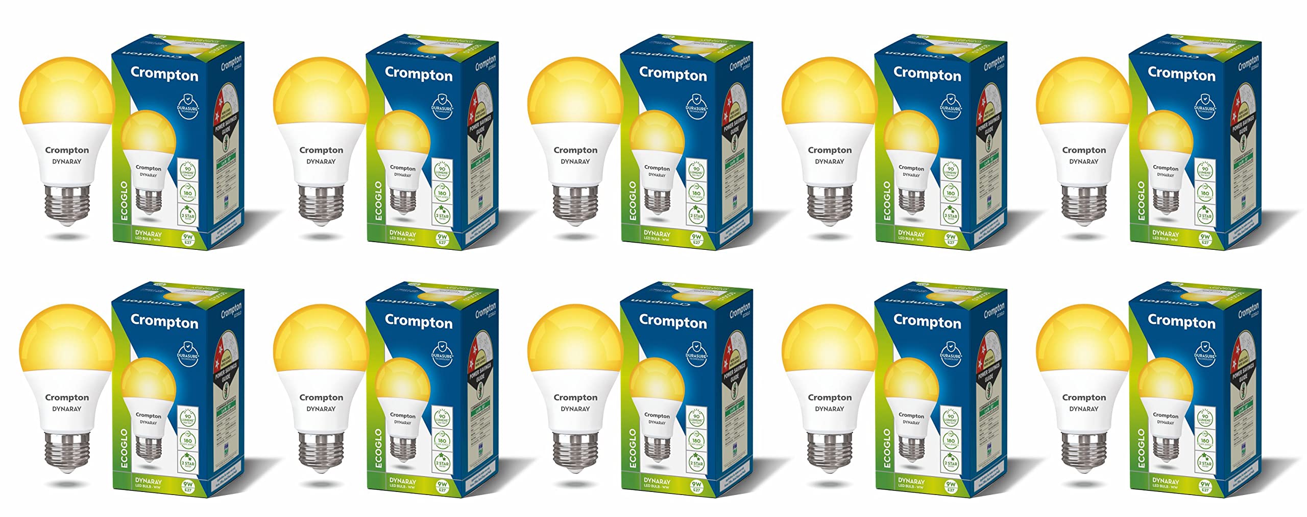 Crompton Dyna Ray LED Bulb | 9W | Warm White | E27 Base | 180 Degree Coverage | 4kV Surge Protection | 440V High Voltage Protection | Pack of 10