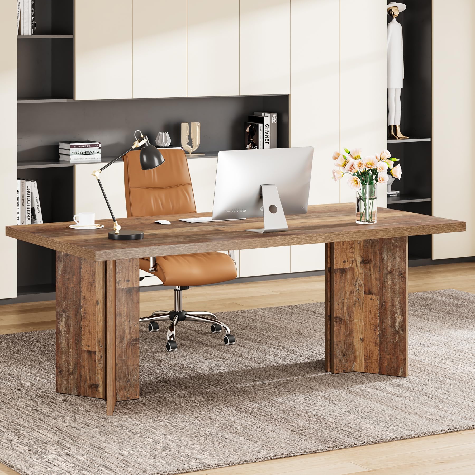 Tribesigns 63-inch Executive Desk, Vintage Home Office Computer Desk with Large Tabletop, Farmhouse Wood Writing Conference Table Workstation for Office, Study, Distressed Brown