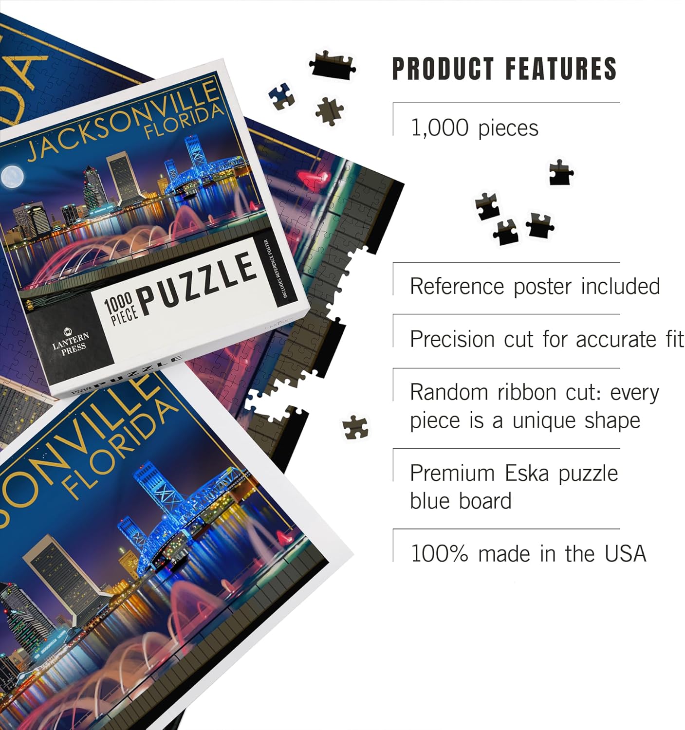 Lantern Press Jacksonville, Florida, Skyline at Night 1000 Piece Jigsaw Puzzle for Adults, Made in USA with Reference Poster