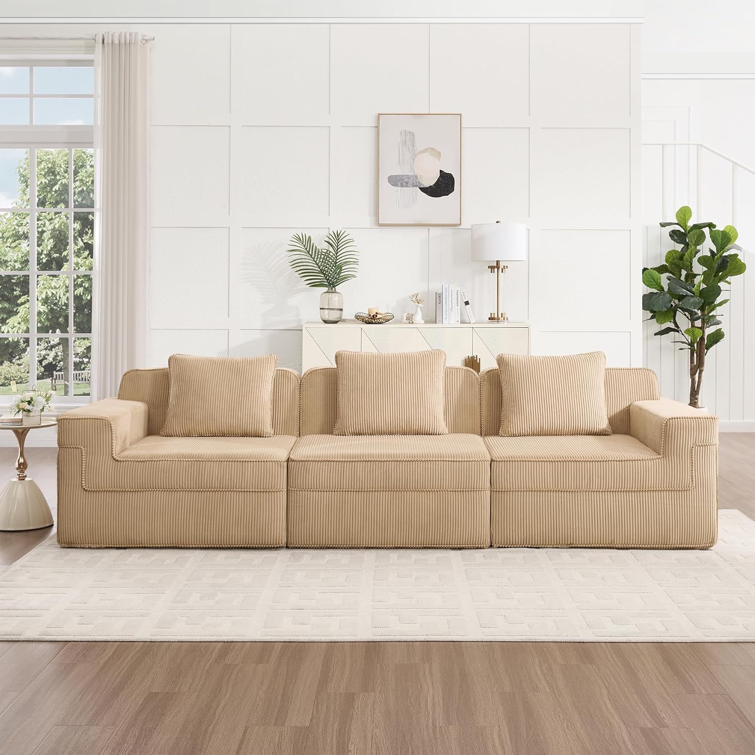 117.3 Cloud Sofa with Deep Seats and Wide Armrests，Boneless Sectional Couch with High Density Memory Foam Sofa, 3 Seater Sofa for Living Room Apartments - No Assembly, Corduroy,Camel