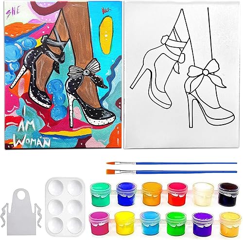 Miniatura 1 de INDIGO ART STUDIO Lona predibujada de 8 x 10 pulgadas, tacones de reina de pintura acrílica, actividad artística, 12 colores premium, 2 pinceles de