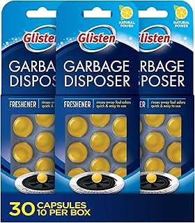 Glisten Garbage Disposer Freshener, Sink Disposal Odor Eliminator, Quick and Easy-to-Use, Lemon Scent, 30 Capsules Total