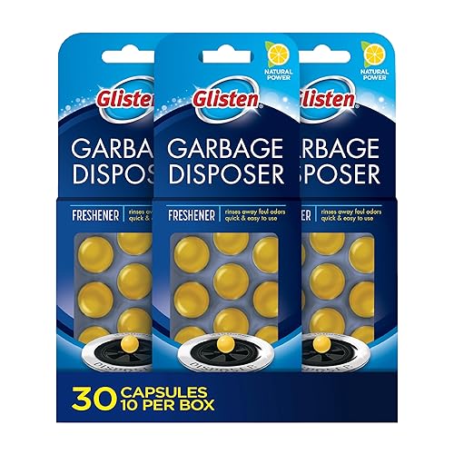 Glisten Garbage Disposer Freshener, Sink Disposal Odor Eliminator, Quick and Easy-to-Use, Lemon Scent, 30 Capsules Total