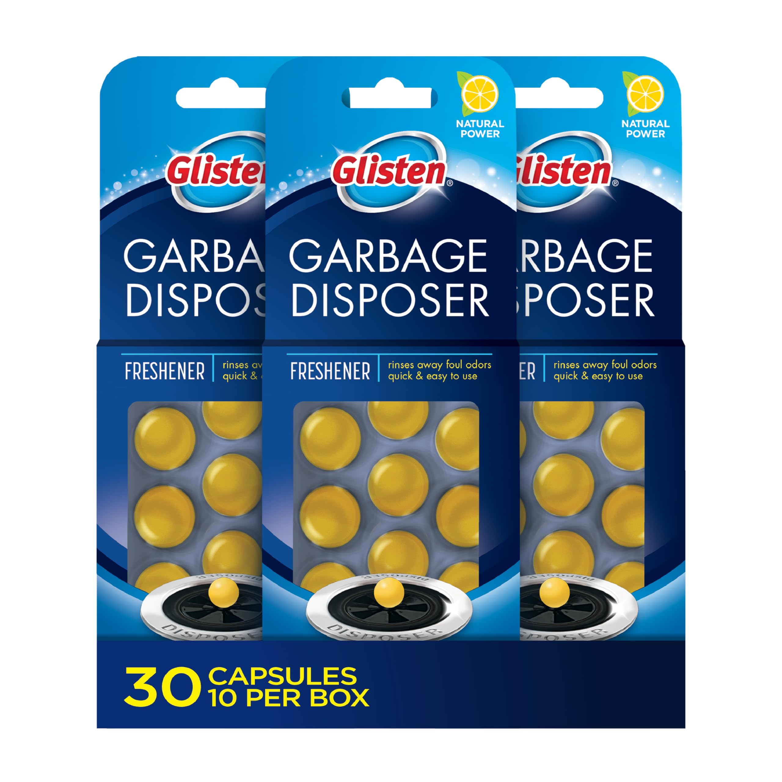 Glisten Garbage Disposer Freshener, Sink Disposal Odor Eliminator, Quick and Easy-to-Use, Lemon Scent, 30 Capsules Total
