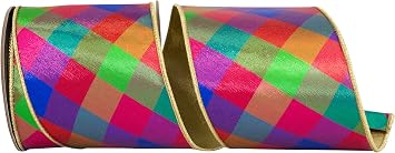 Ribbon - Check Metallic Jewel Tone Deluxe Metallic Backed Wired Edge, Multi, 4 Inch, 5 Yards