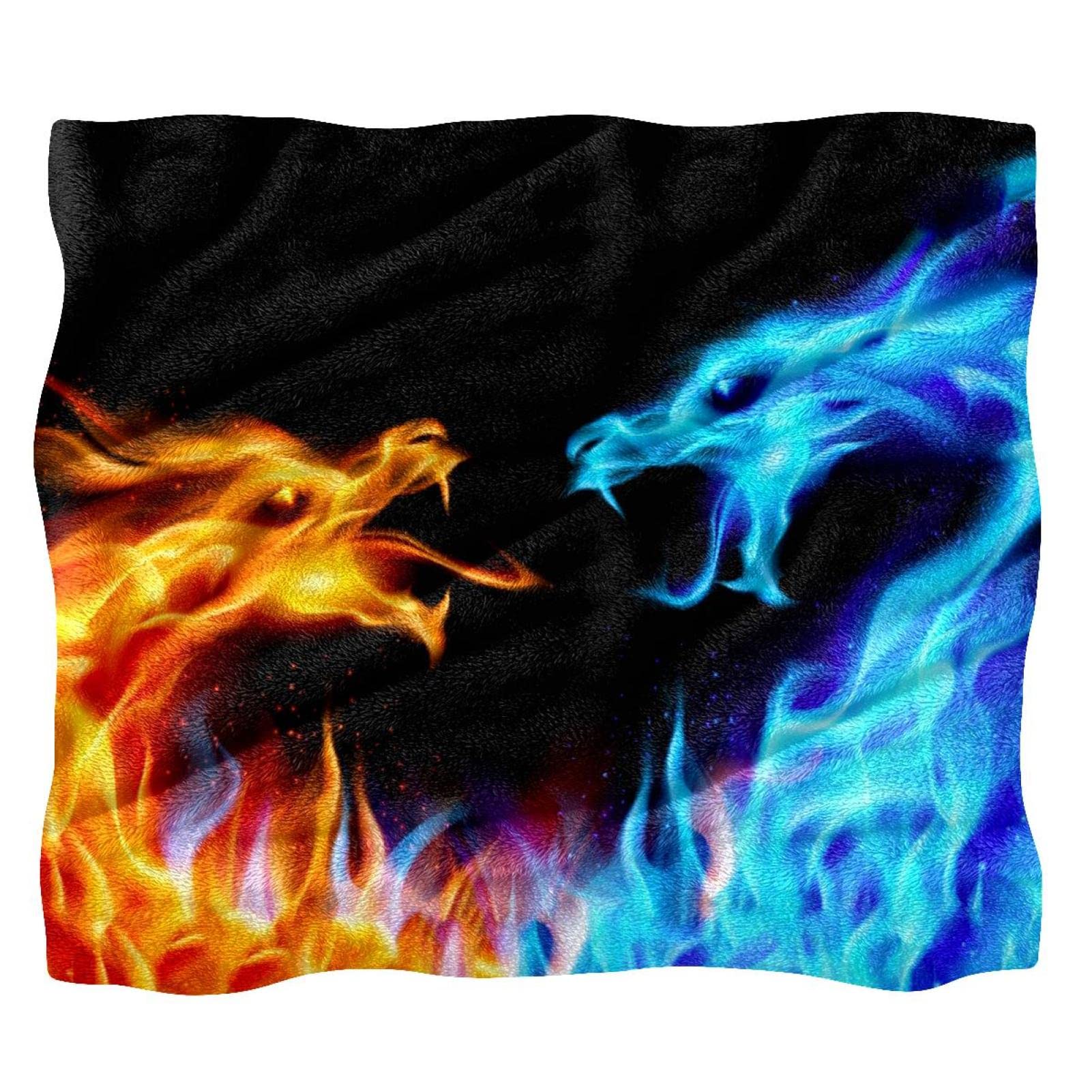 Couverture de lit moelleuse TBOUOBT couvre-lit dragon art bleu orange pour décoration chambre enfant