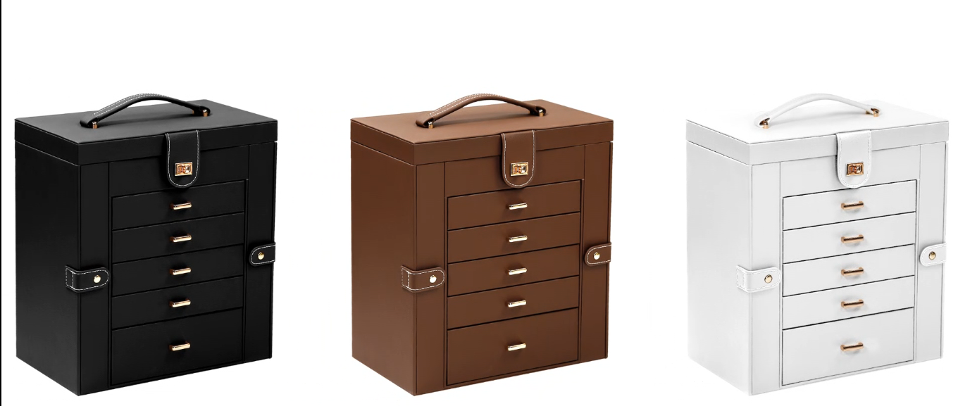 5-Drawer Faux Leather Jewelry Organizer Cabinet – Black, 15x8 Inches