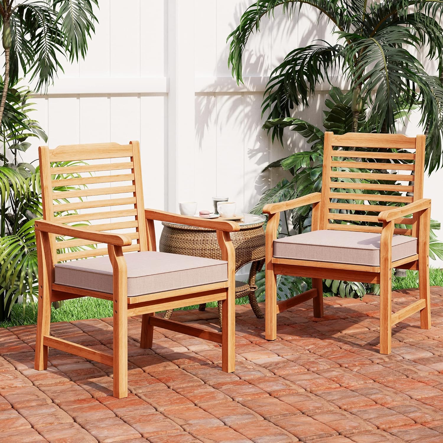 PHI VILLA 2 Pieces Acacia Wood Outdoor Dining Chairs with Cushions, Patio Oil Finished Wooden Armchairs Set of 2, Natural Teak Dining Chairs for Deck, Yard, Porch