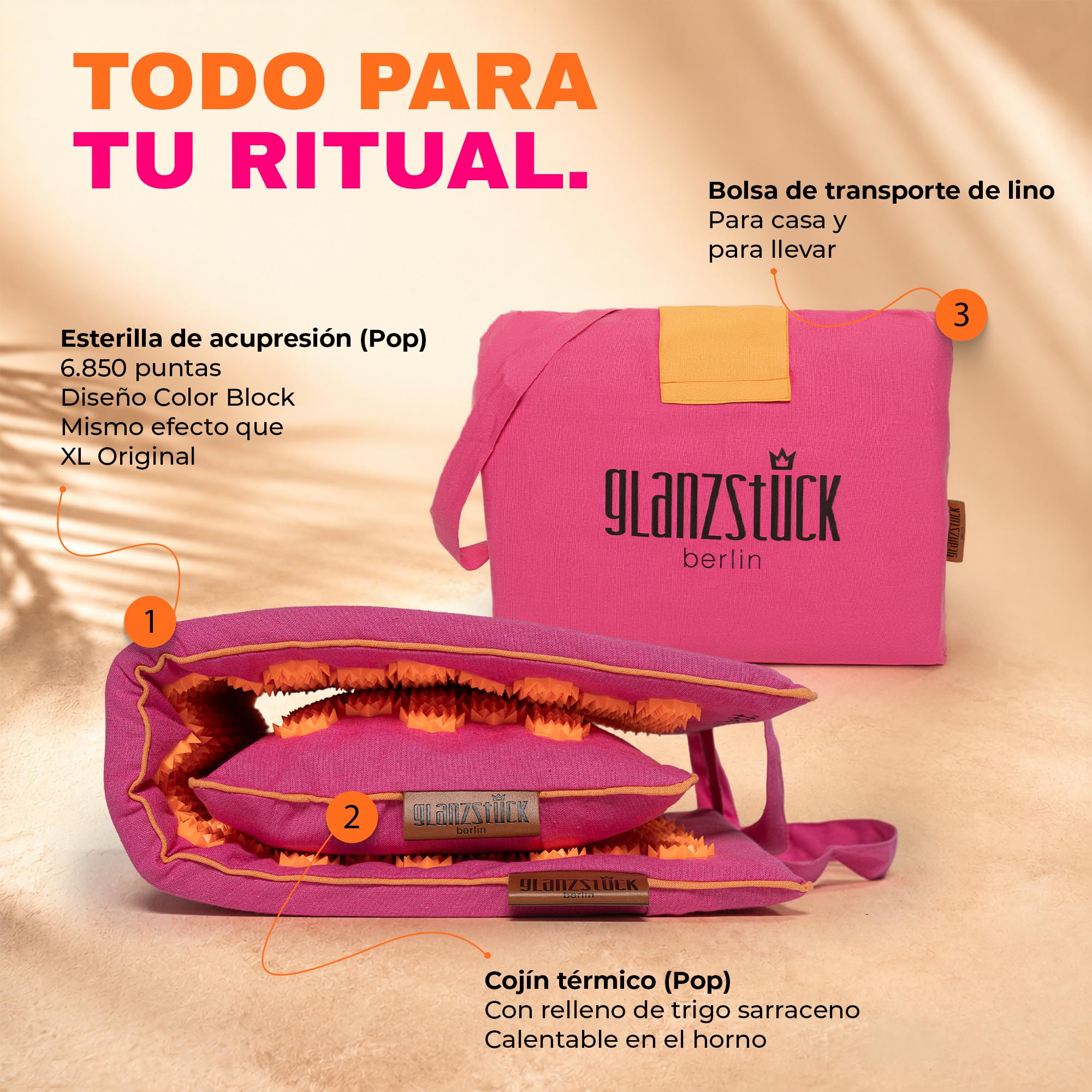 Glanzstück Berlin® Health Collection: Set de esterilla de acupresión XL, color original, de lino, ayuda con tensión, dolor de espalda, esterilla de masaje con cojín (función térmica) y bolsa