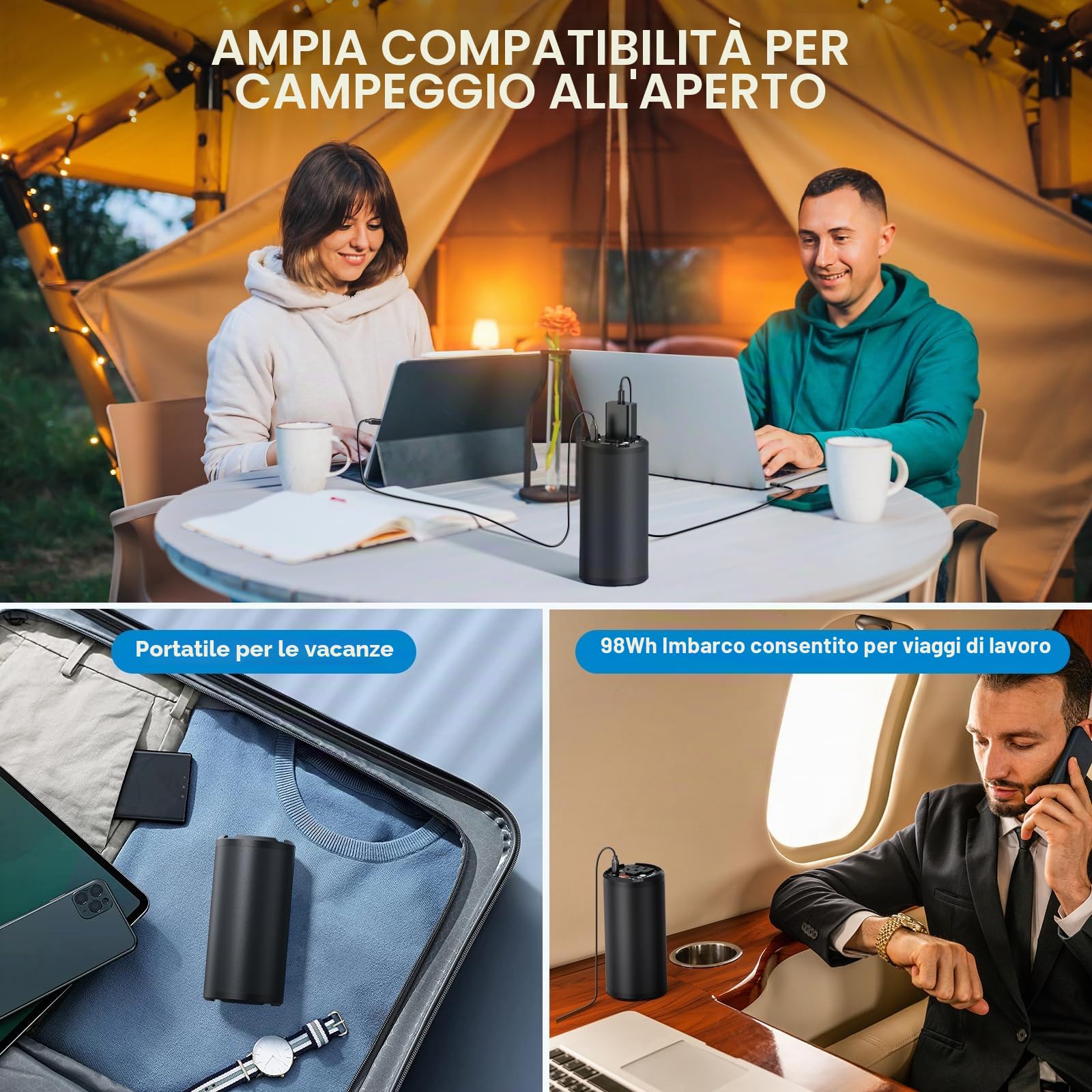Power bank, 27000 mAh, batteria esterna cilindrica da 98 wh, con presa AC da 100 W, caricatore portatile con porta USB, caricatore da viaggio universale per laptop, MacBook Pro Gopro, tablet, telefono