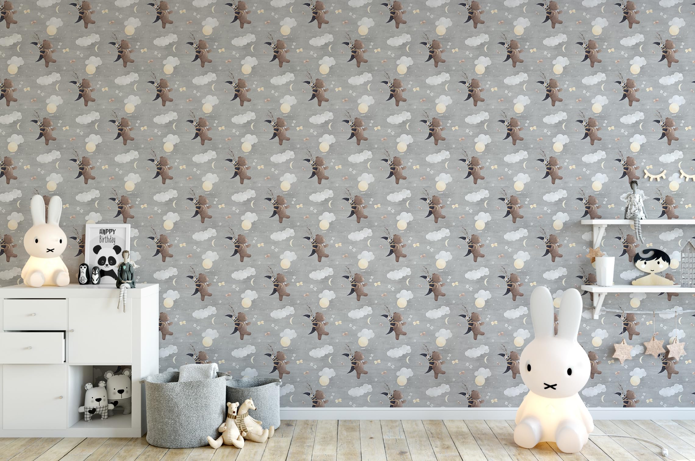 Selbstklebende Tapete Möbelfolie fliegender Teddybär Wolken Mond Sterne | fliegender Teddybär Wolken Mond Sterne Ballons Muster grau Töne traumhaftes Himmel Wanddesign für Kinderzimmer Babyzimmer