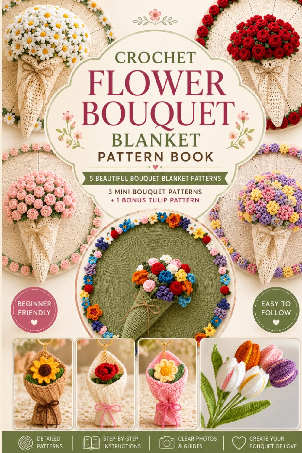 Crochet Flower Bouquet Blanket Patterns: 5 Floral Afghan Designs Featuring Sunflower, Daisy, Rose, Pink Flower & 3 Mini Flower Bouquet and Tulip Flower Pattern