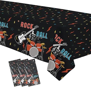 Rock and Roll Party Decorations Tablecloth, 3pcs Disposable Rockstar Music Guitar Theme Rock n Roll Party Supplies Tablecover for Birthday Baby Shower, 86in x 55in