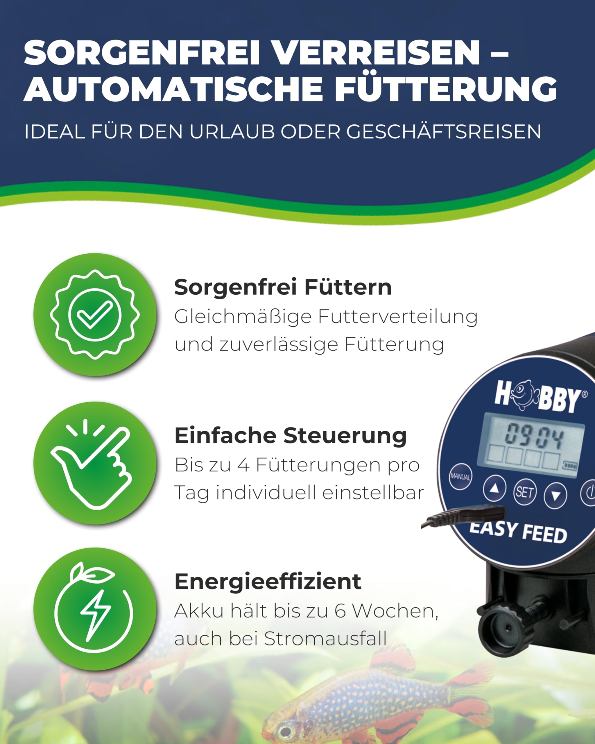 HOBBY Aquaristik Easy Feeder I programmierbarer Futterautomat für Aquarien I Fischfutter-Spender für bis zu 4 Fütterungen pro Tag I 100g / 300ml Kapazität I Aquarium-Futterspender