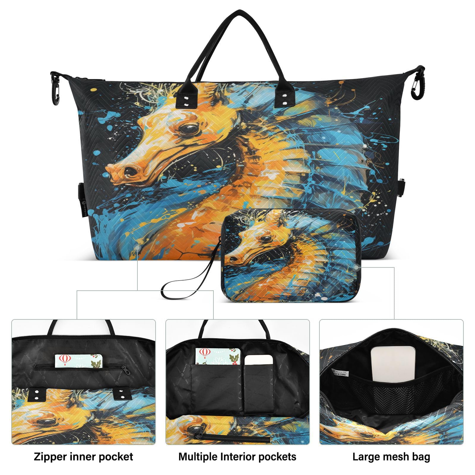 Cool Watercolor Seahorse Sports Swim Gym Bag Weekender Duffel Travel Bags Handbag with Makeup Storage Bag for Girls Men