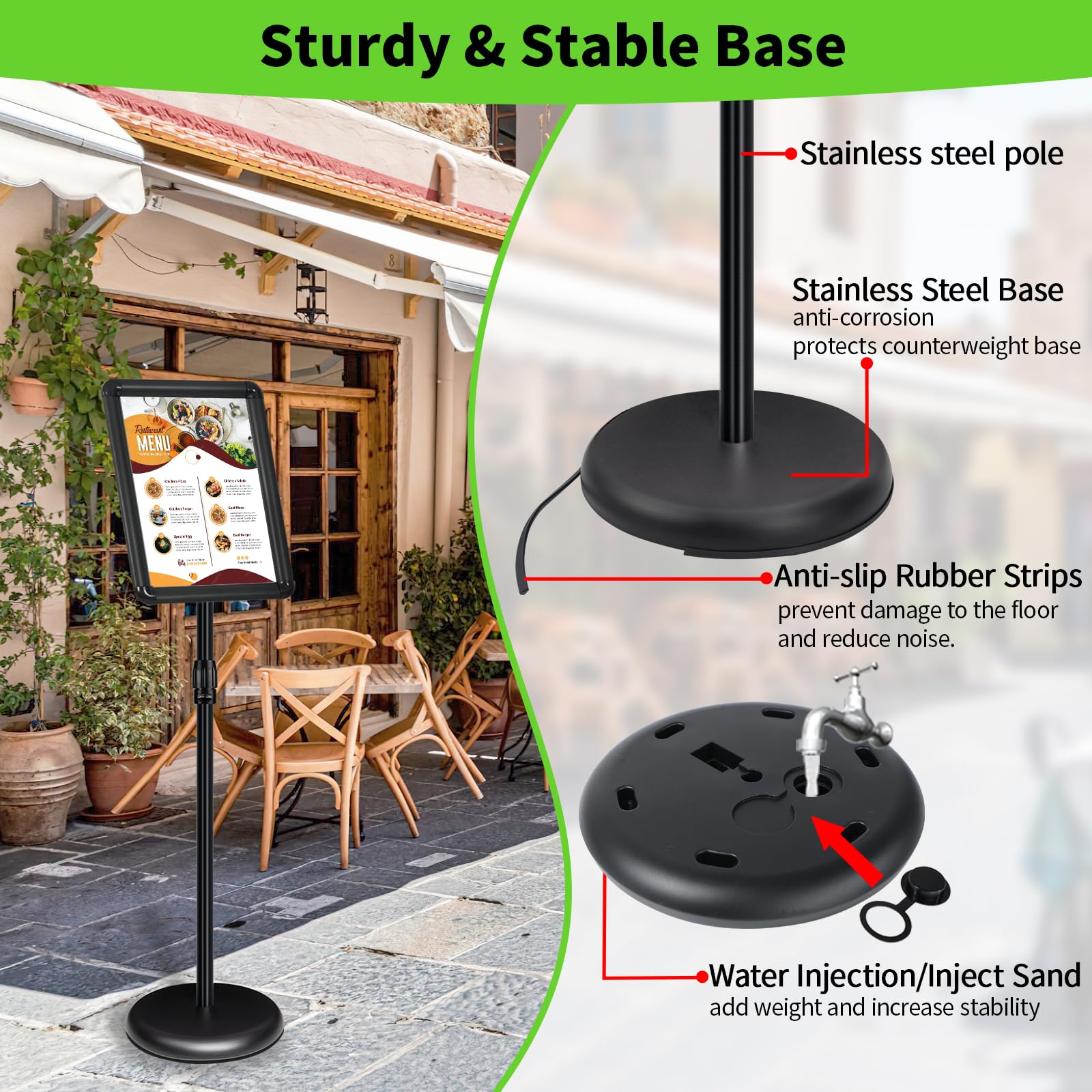 INNOVSIGN Adjustable Pedestal Sign Holder Stand 8.5''x11'', Floor Standing Poster Sign Stand, Aluminum Frame for Vertical/Horizontal View Sign stand,Outdoor/Indoor Standing Sign Holders(Black, Round)