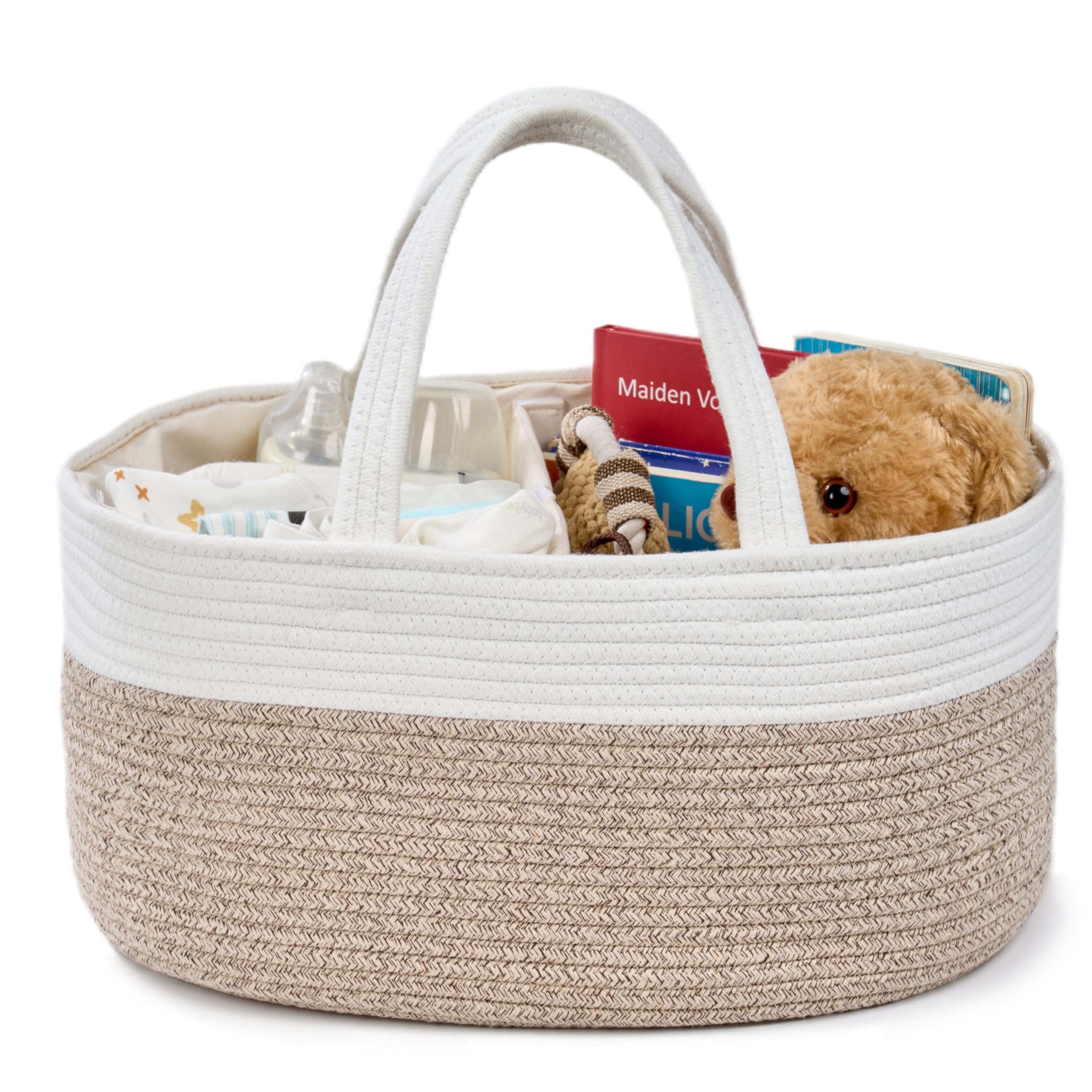 Kodomoore Nappy Caddy – Cotton Rope Baby Storage Basket for Newborn Essentials – Portable Organiser for Changing Table, Nursery or Car – Gift Basket for Baby Shower – White & Beige Brown, XL