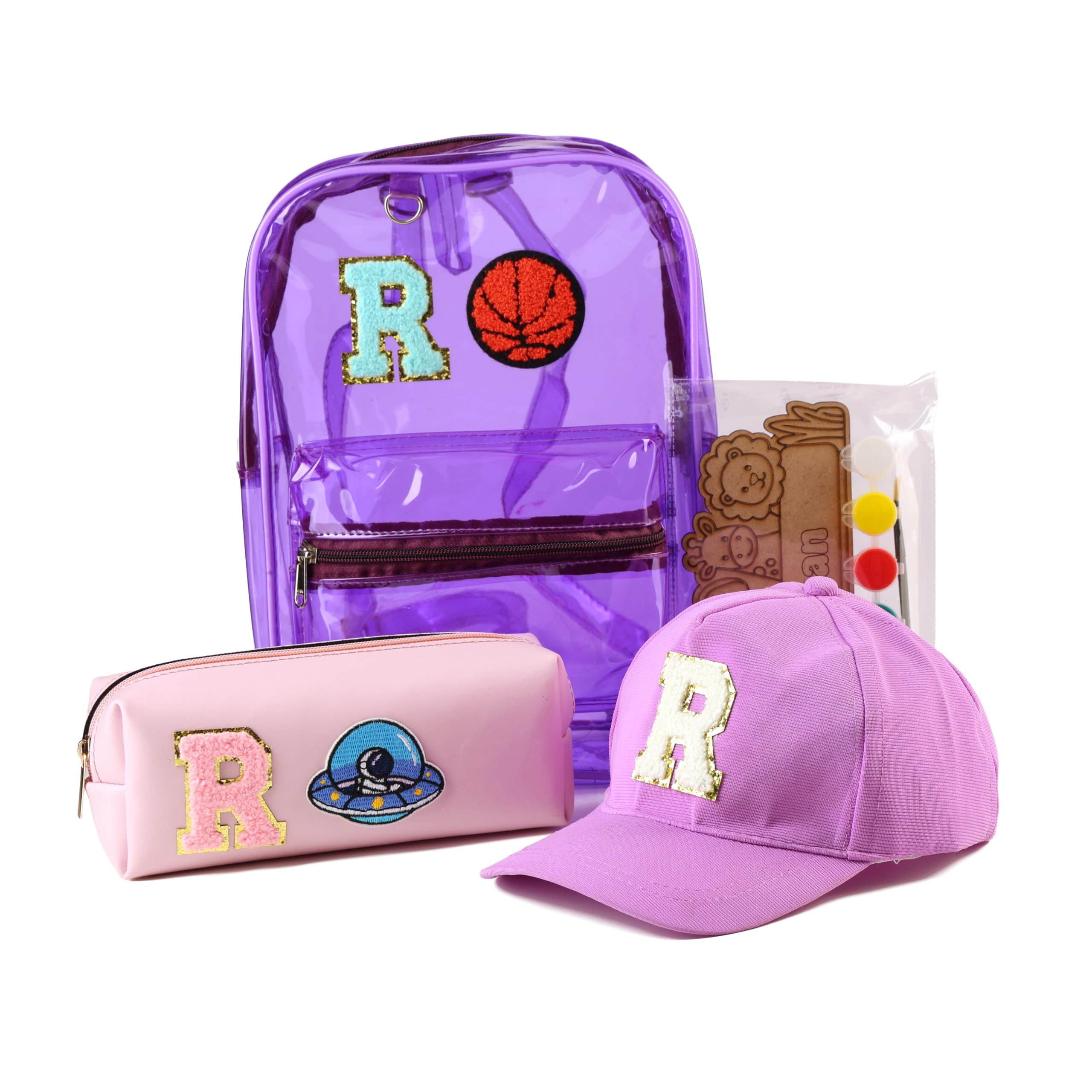 AICA Gifts Personalized Kids Backpack, Pencil Pouch & Cap Combo | Name Embroidered Letters & Patch PVC Bag | Waterproof School Set with DIY Colouring Kit for Boys & Girls 2–10 Years (Purple)-picture-25