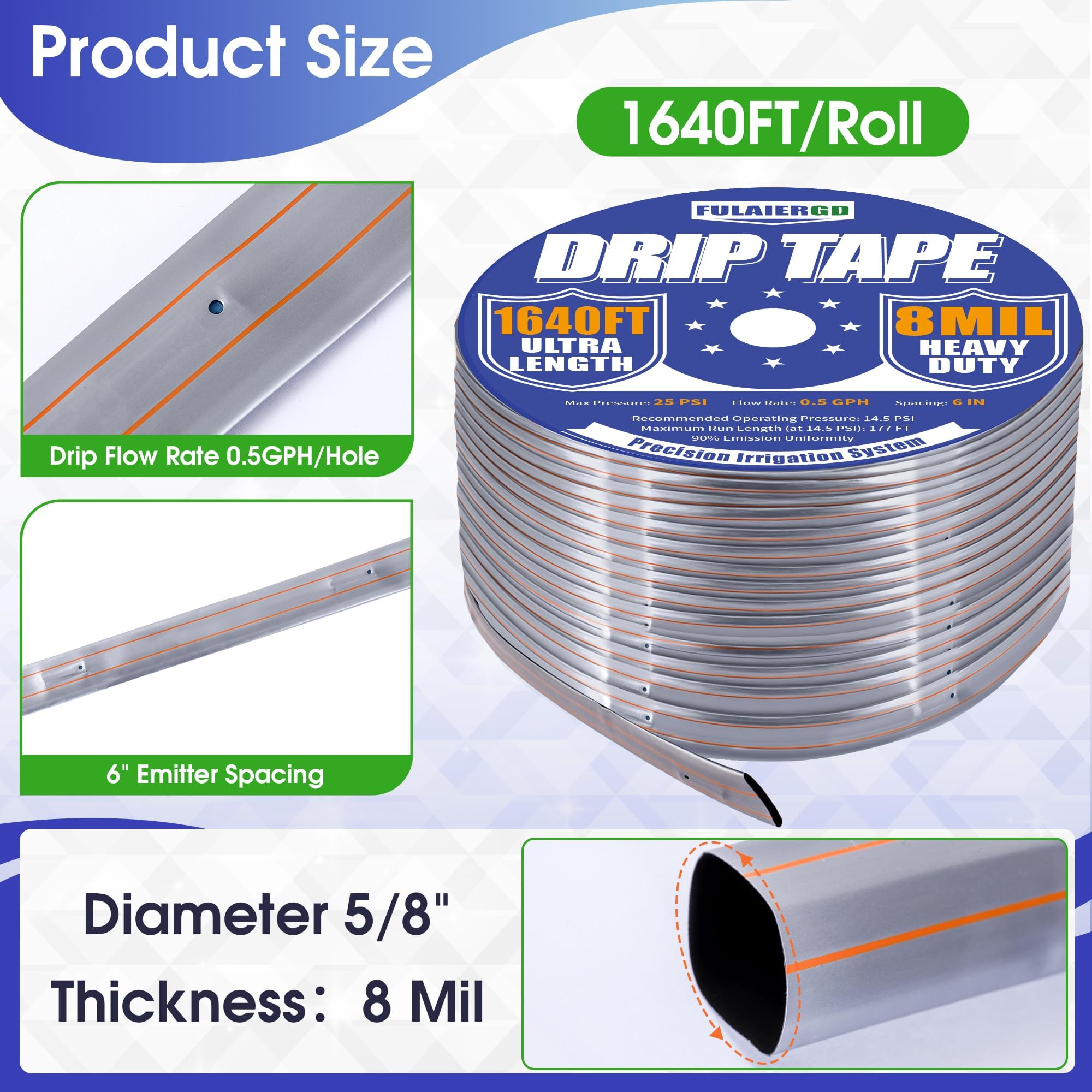Nastro antigoccia da 1640 m, rotolo di spaziatura da 15,2 cm, nastro per irrigazione a goccia da 8 mil, tubo per irrigazione a foro 0,5 GPH/foro tubo per irrigazione argento anti-uccelli design