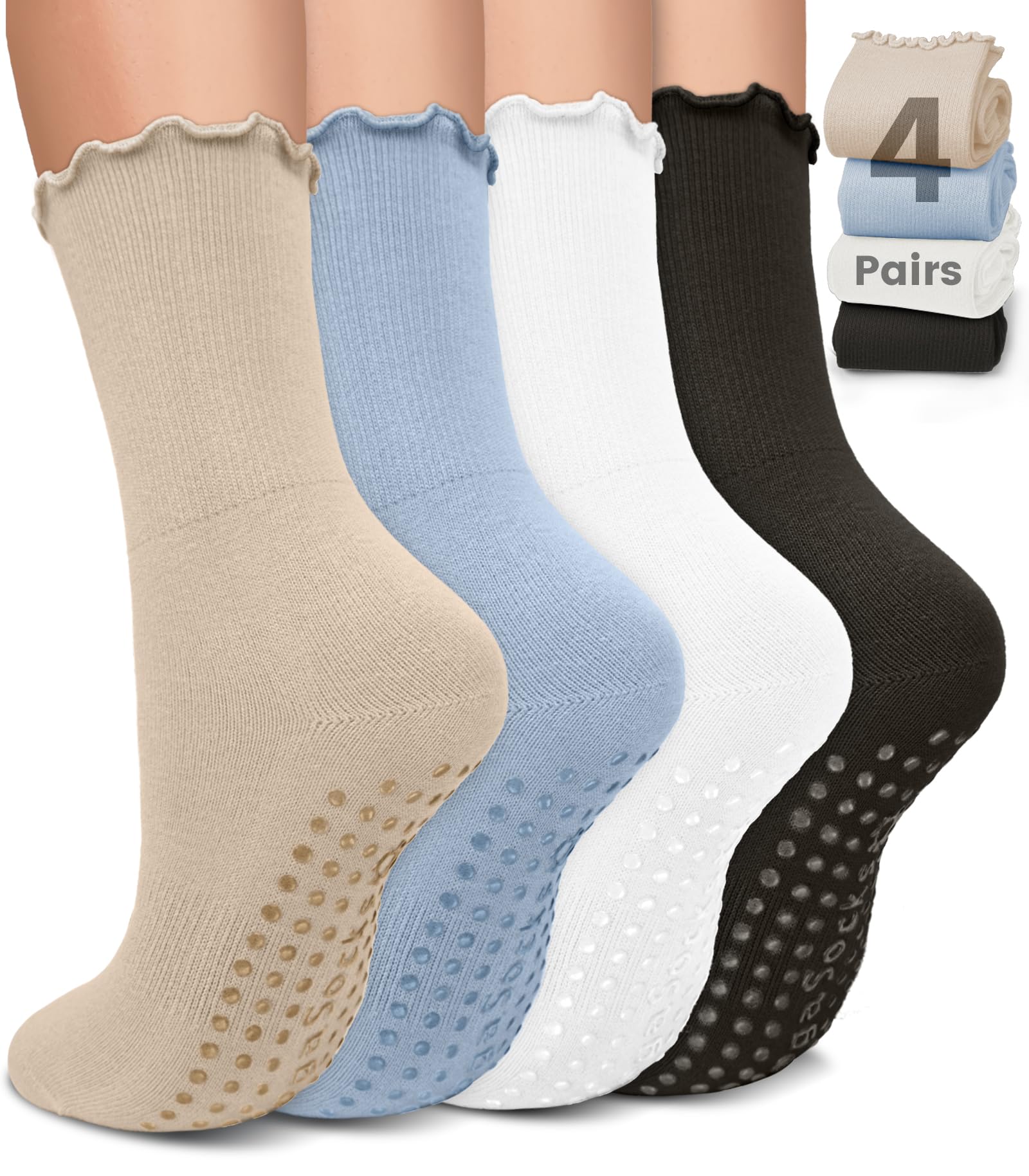 Pilates Socks for Women, Non Slip Grip Socks for Yoga, Barre, Hospital, Grippy Socks Womens Gifts, 4 Pairs
