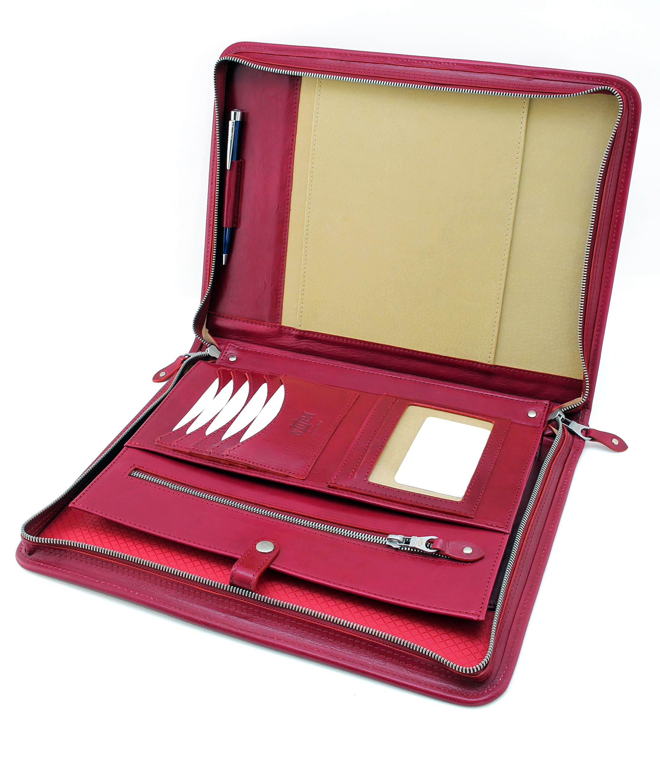 Con cerniera e portafoglio, in pelle italiana, portadocumenti, formato A4, in pelle Folio con manico Rosso