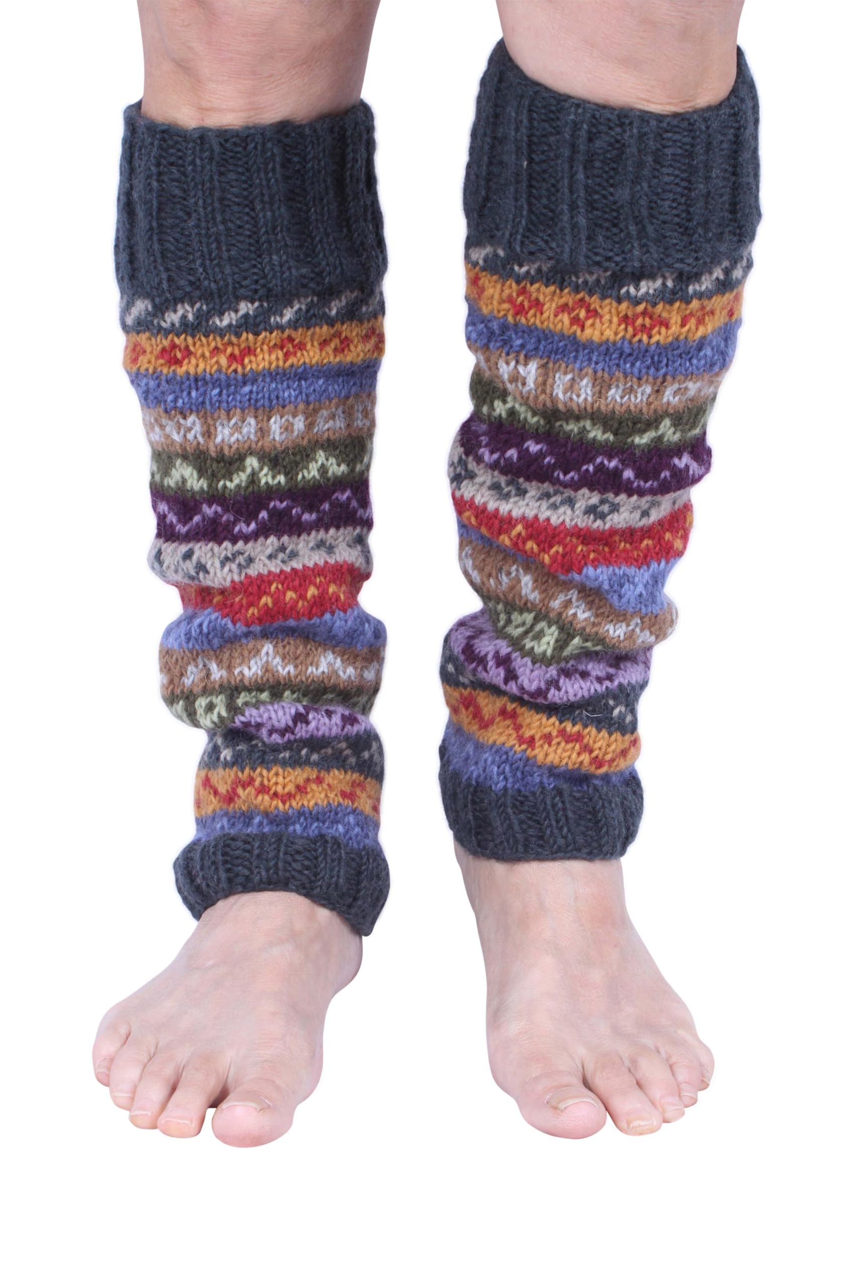 Pachamama Women's Multicoloured 100% Wool Legwarmer Handknitted Fairisle Green Regular Fit Handmade Extra Warm Fair Trade