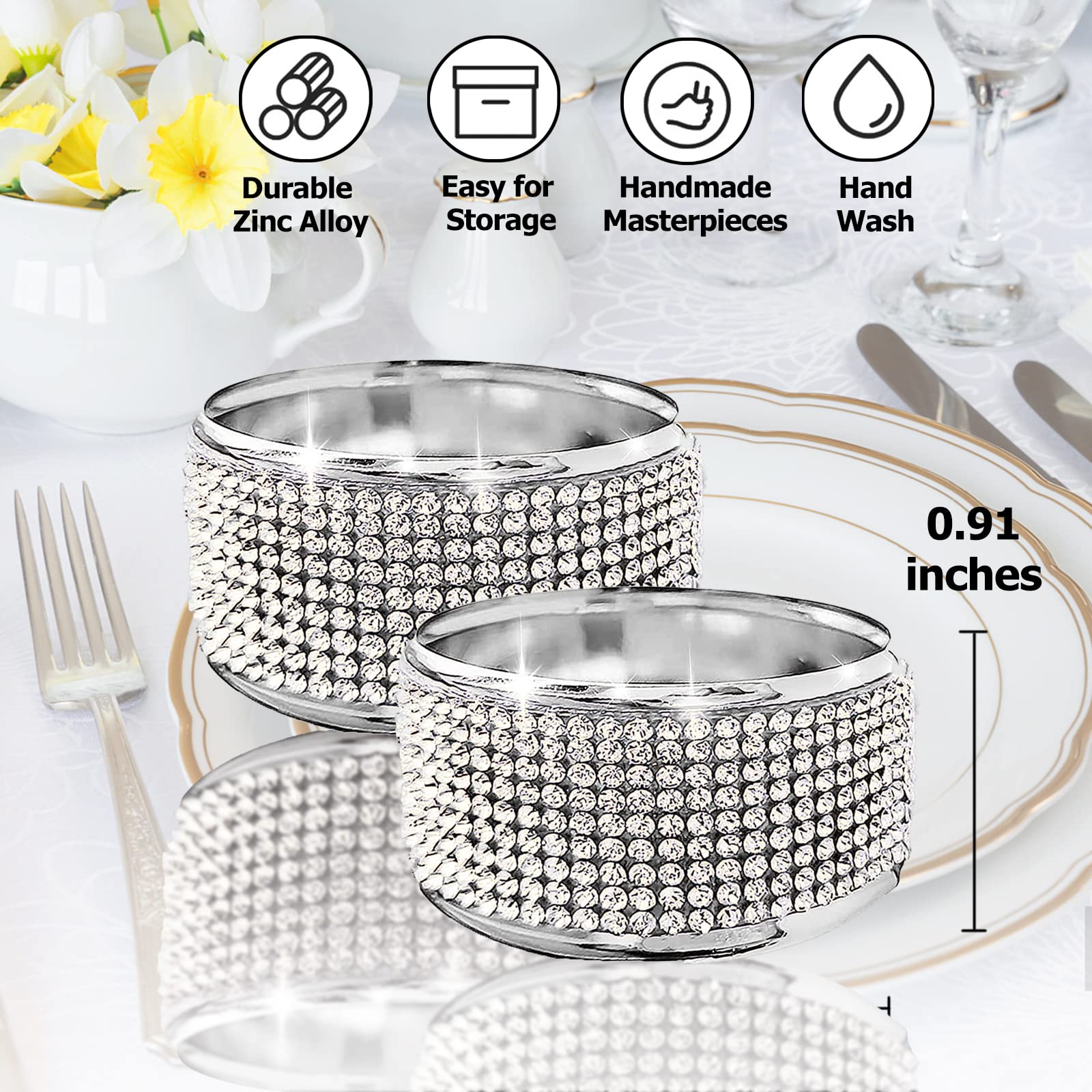 Lot 12 Ronds De Serviette Fleur Argentée Strass Cristal – Mariage, Baptême, Banquet, Décoration Table Élégante